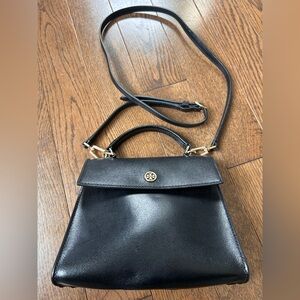 Tory Burch Black Leather Top-Handle Crossbody with Gold Logo